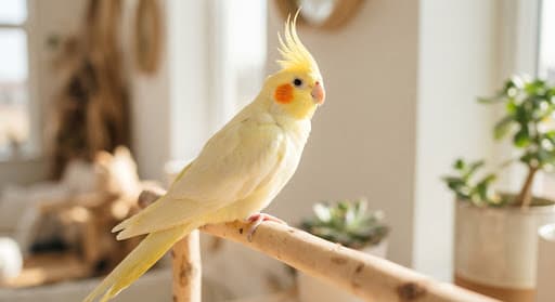 A lutino cockatiel with a yellow crest and orange cheek patch perched in warm indoor light.