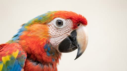 A close-up of a colorful parrot with red, orange, blue, and yellow feathers for parrot whistle training.